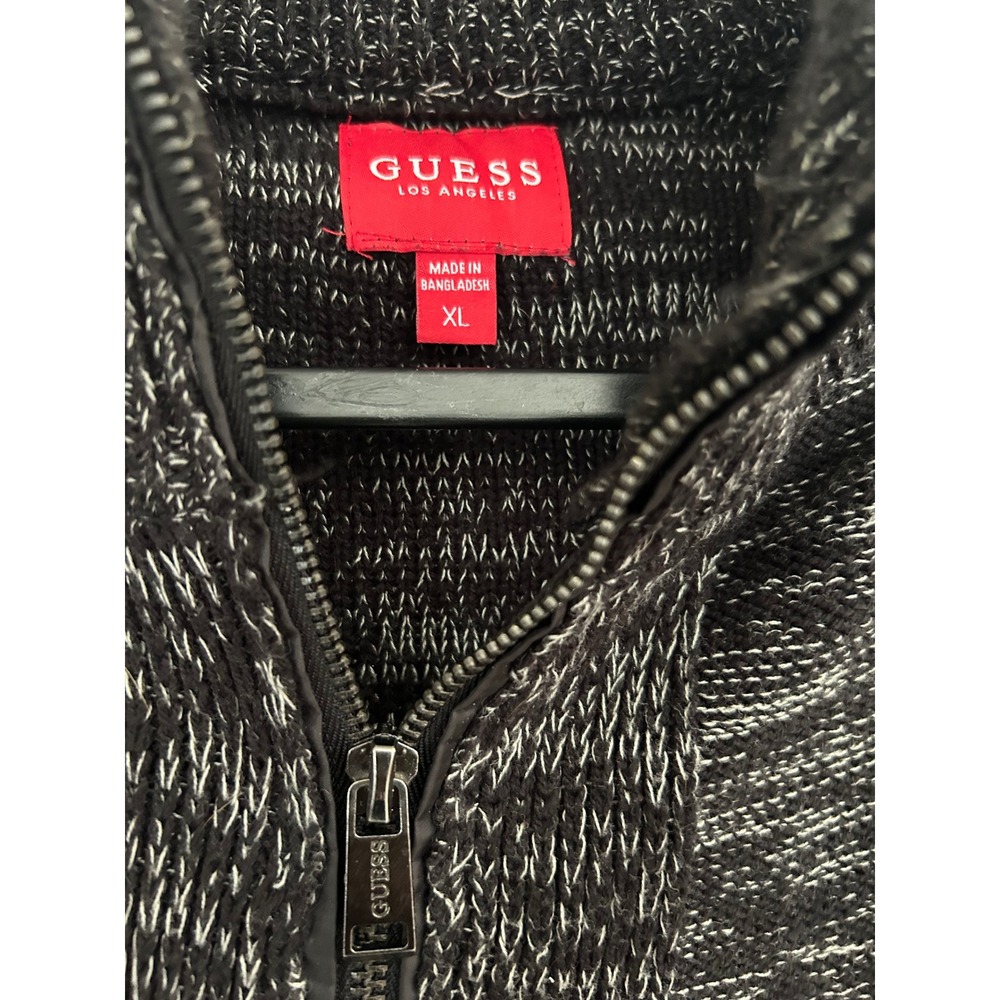 Guess Los Angeles Mens XL Full Zip Cardigan Sweater Black White Marled Knit Mock